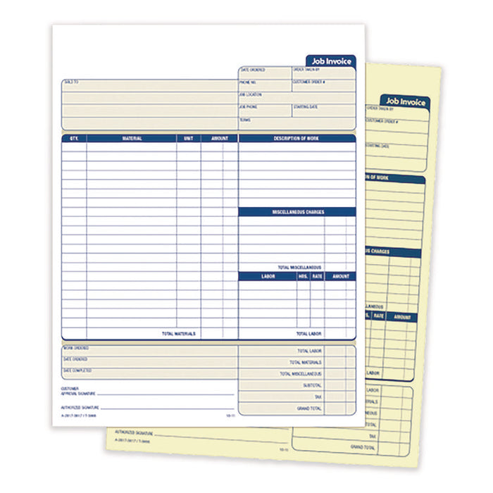 Multipart Job Invoice Forms, Two-Part Carbonless, 8.5 x 10.94, 100 Forms Total