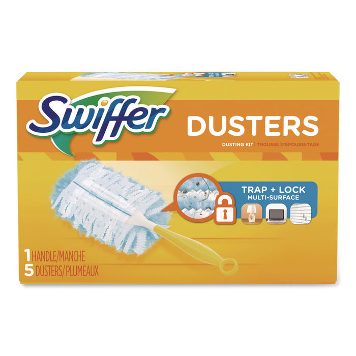 Dusters Starter Kit, Dust Lock Fiber, 6" Handle with Five Refill Dusters, Blue/Yellow