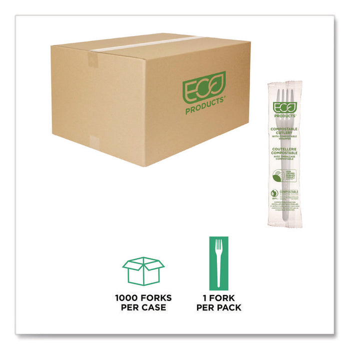 Plantware CPLA Cutlery, Individually Wrapped, Fork, Plastic, White, 1,000/Carton