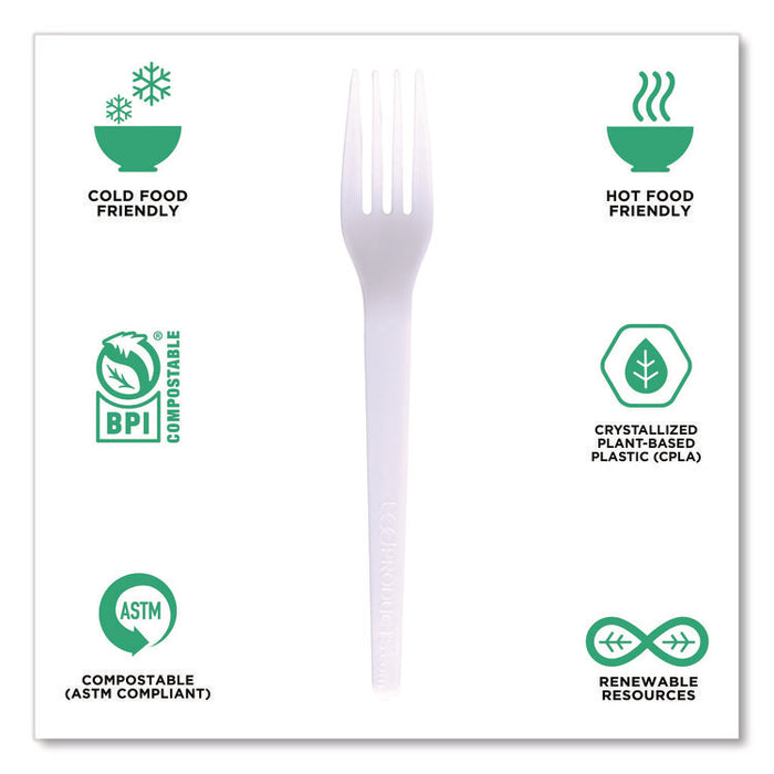Plantware CPLA Cutlery, Individually Wrapped, Fork, Plastic, White, 1,000/Carton