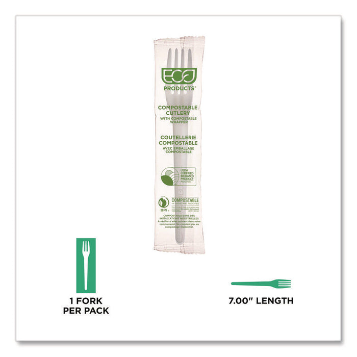 Plantware CPLA Cutlery, Individually Wrapped, Fork, Plastic, White, 1,000/Carton
