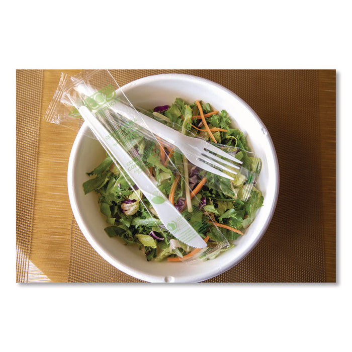 Plantware CPLA Cutlery, Individually Wrapped, Fork, Plastic, White, 1,000/Carton