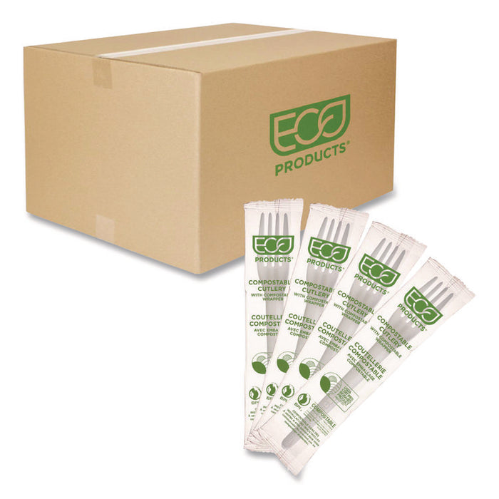 Plantware CPLA Cutlery, Individually Wrapped, Fork, Plastic, White, 1,000/Carton