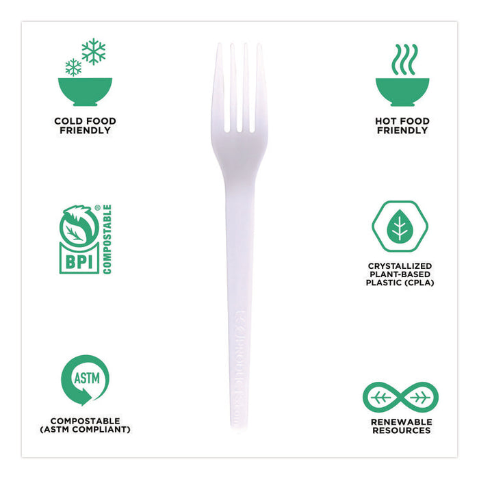 Plantware CPLA Cutlery, Fork, White, 1,000/Carton
