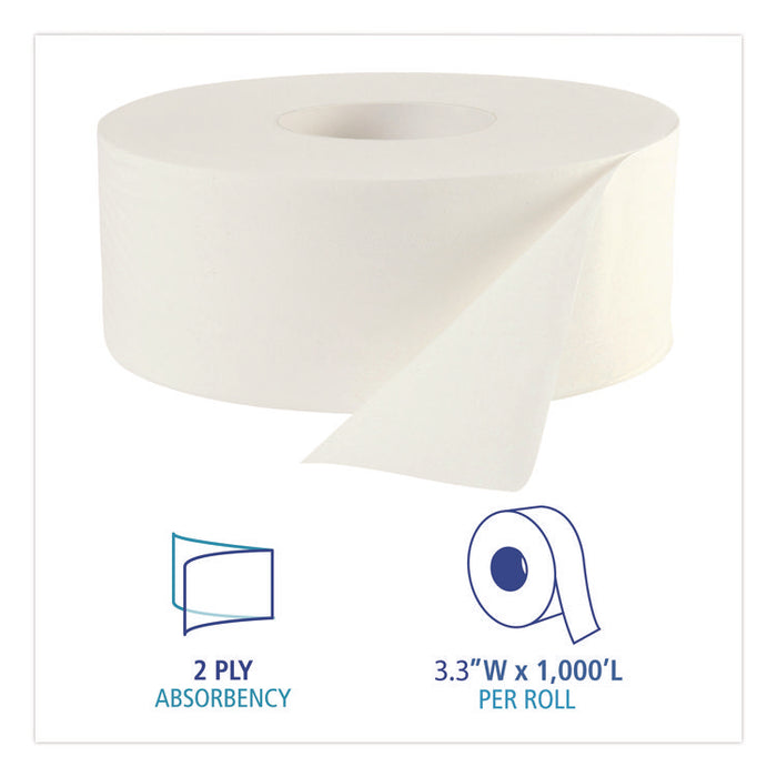 JRT Jumbo Roll Bathroom Tissue, Septic Safe, 2-Ply, 3.3" x 1,000 ft, White, 12 Rolls/Carton