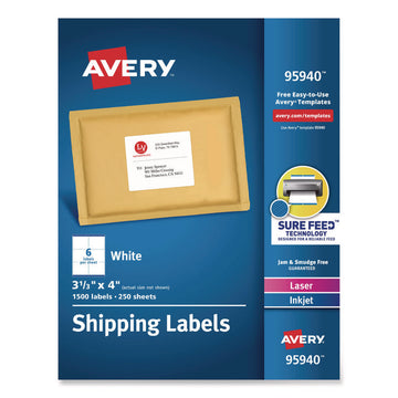 White Shipping Labels-Bulk Packs, Inkjet/Laser Printers, 3.33 x 4, White, 6/Sheet, 250 Sheets/Box