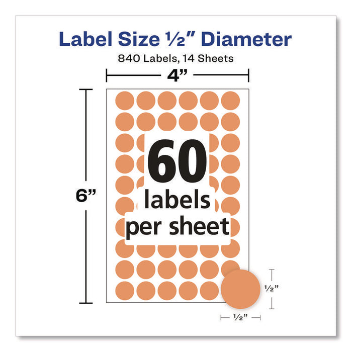Handwrite Only Self-Adhesive Removable Round Color-Coding Labels, 0.5" dia, Neon Orange, 60/Sheet, 14 Sheets/Pack, (5062)