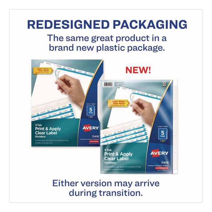 Print and Apply Index Maker Clear Label Dividers with Printable Label Strip and White Tabs, 5-Tab, 11 x 8.5, White, 1 Set
