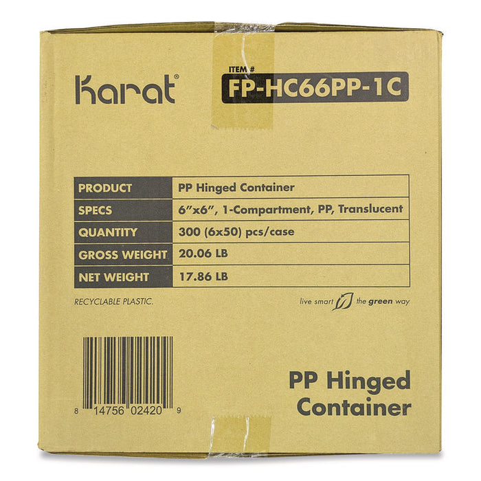 Polypropylene Plastic Hinged Container, 6 x 6 x 3.3, Clear, Plastic, 50/Pack, 6 Packs/Carton