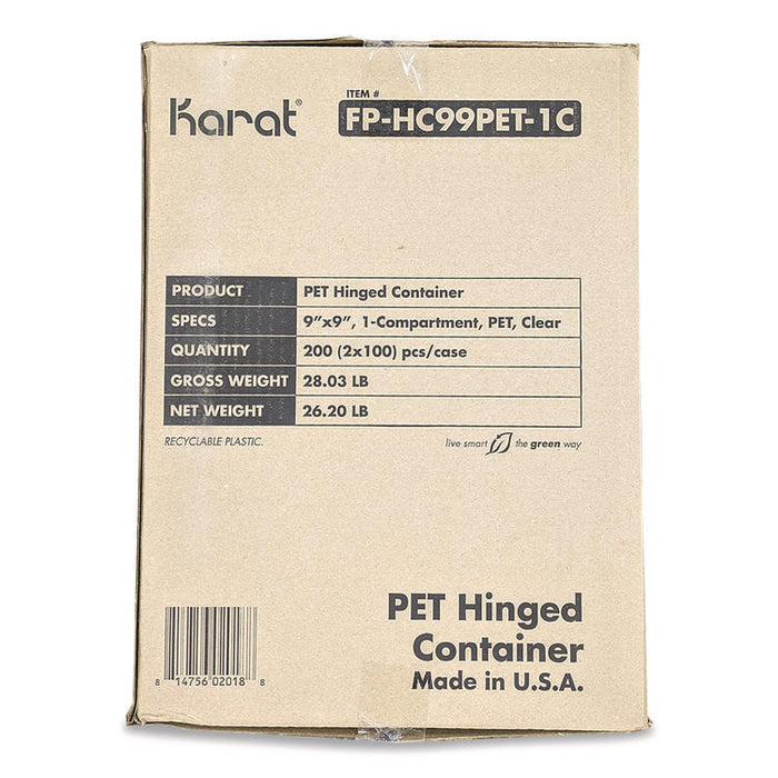 PET Plastic Hinged Container, 9 x 9 x 3.6, Clear, Plastic, 100/Pack, 2 Packs/Carton
