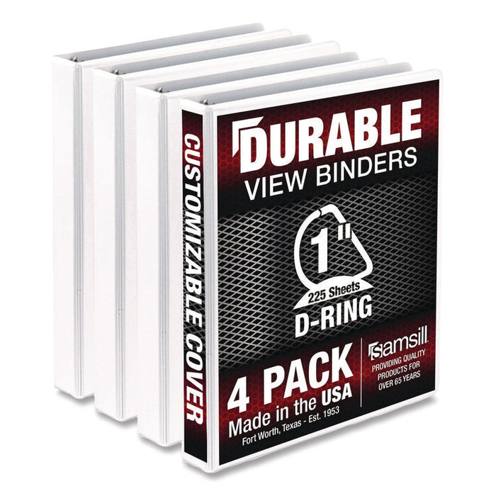 Durable D-Ring View Binders, 3 Rings, 1" Capacity, 11.5" x 8.5", White, 4/Pack