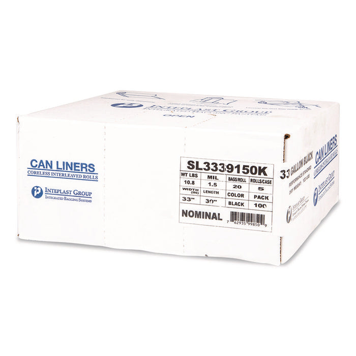 Low-Density Commercial Can Liners, 33 gal, 1.5 mil, 33" x 39", Black, Interleaved Roll, 20 Bags/Roll, 5 Rolls/Carton