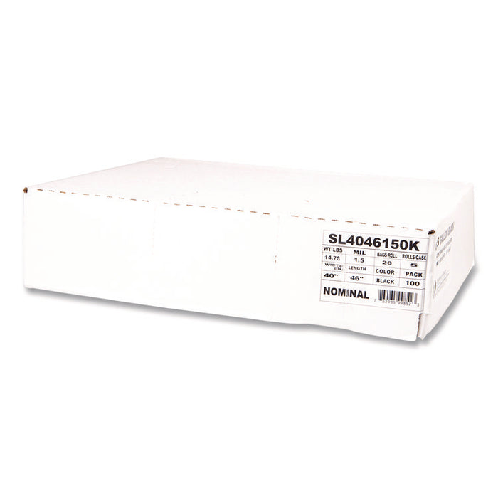 Institutional Low-Density Can Liners, 45 gal, 1.5 mil, 40" x 46", Black, Interleaved Roll, 20 Bags/Roll, 5 Rolls/Carton