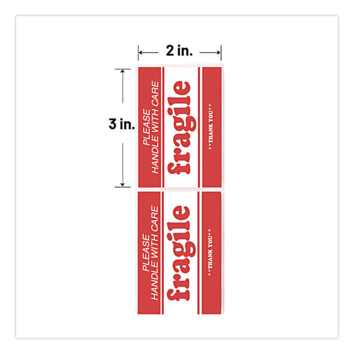 Pre-Printed Message Labels, Fragile-Please Handle with Care-Thank You, 2 x 3, White/Red, 500/Roll