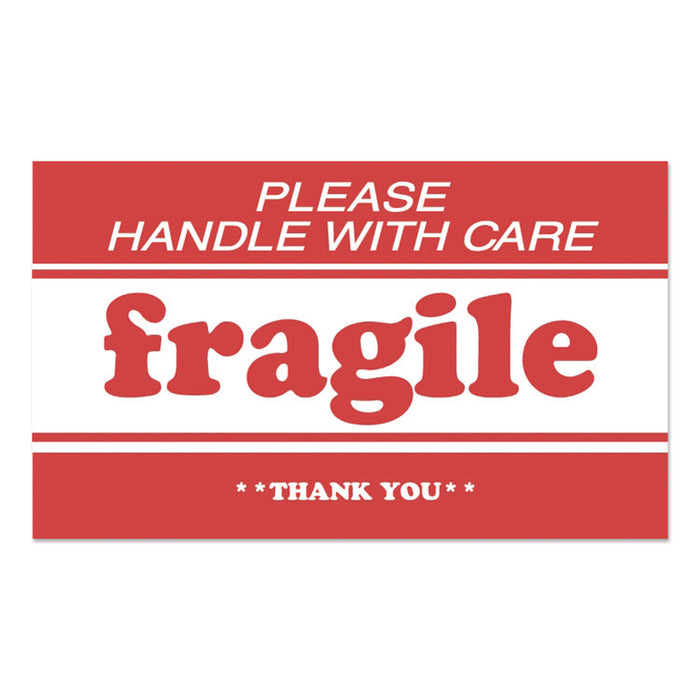 Pre-Printed Message Labels, Fragile-Please Handle with Care-Thank You, 2 x 3, White/Red, 500/Roll