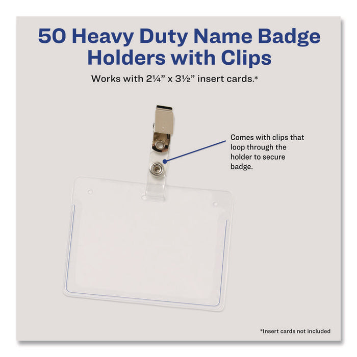 Secure Top Clip-Style Badge Holders, Horizontal, 2 1/4 x 3 1/2, Clear, 50/Box