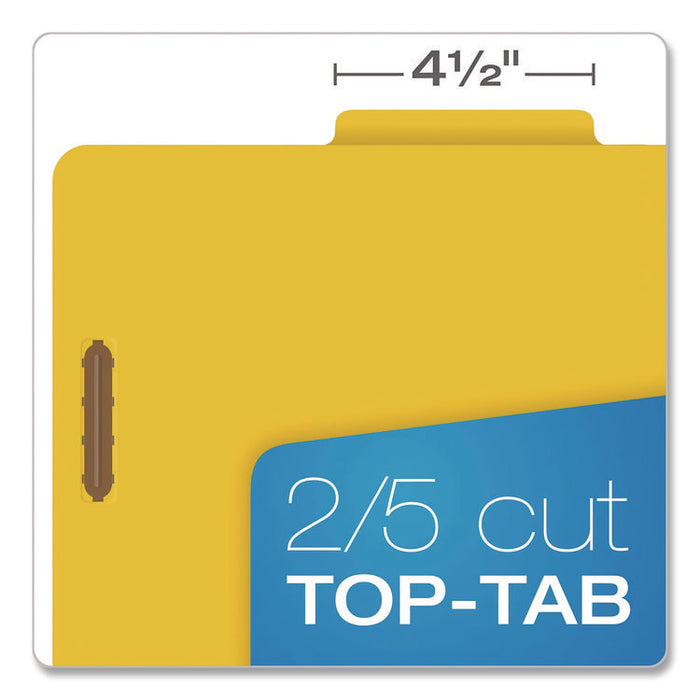Reinforced Pressboard Classification Folders, 2/5-Cut Tab, Expands 1.75", 1 Divider, 4 Fasteners, Letter Size, Yellow, 10/Box
