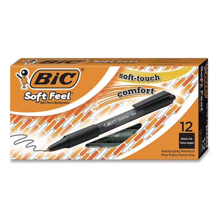Soft Feel Ballpoint Pen, Retractable, Fine 0.8 mm, Black Ink, Black Barrel, Dozen
