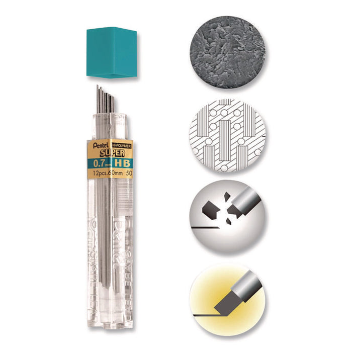 Super Hi-Polymer Lead Refill, 0.7 mm, HB, Black, 12 Leads/Tube, 3 Tubes/Pack