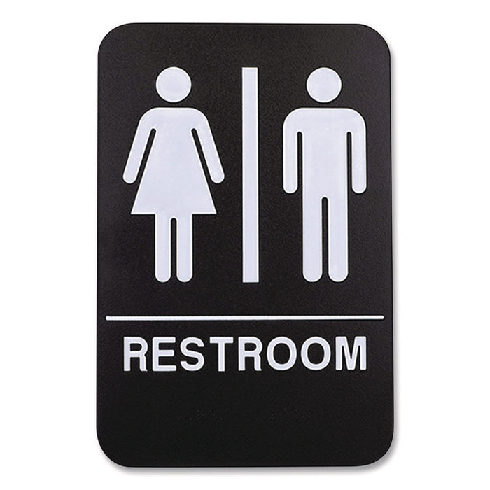 Indoor/Outdoor Restroom with Braille Text, 6 x 9, Black Face, White Graphics, 3/Pack