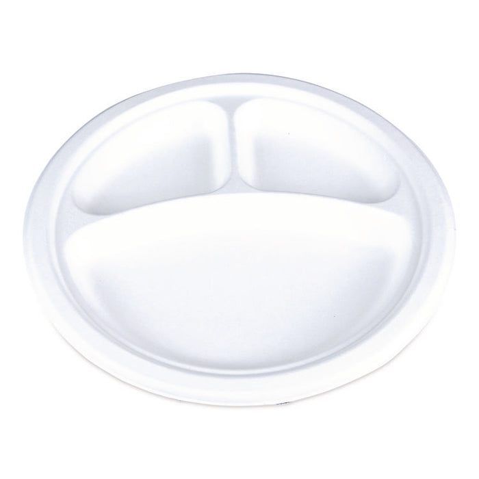 ChampWare Molded Fiber Tableware, 3-Compartment Plate, 10" dia, White, 125/Sleeve, 4 Sleeves/Carton