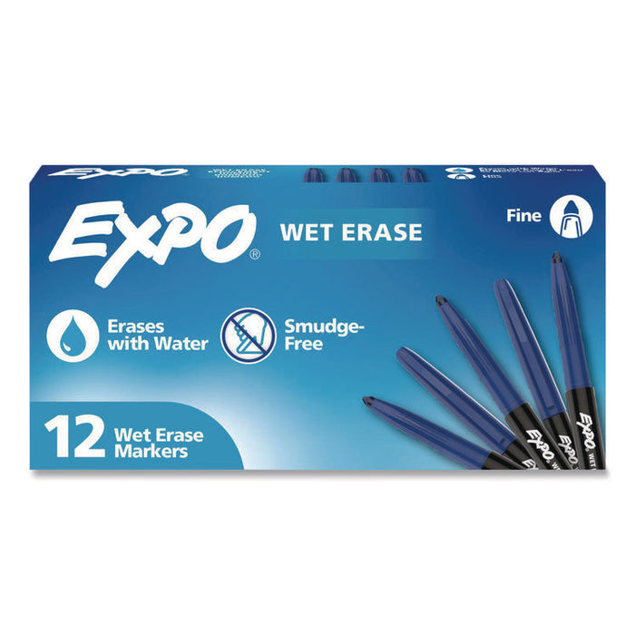 Wet Erase Markers, Fine Needle Tip, Blue, 12/Pack
