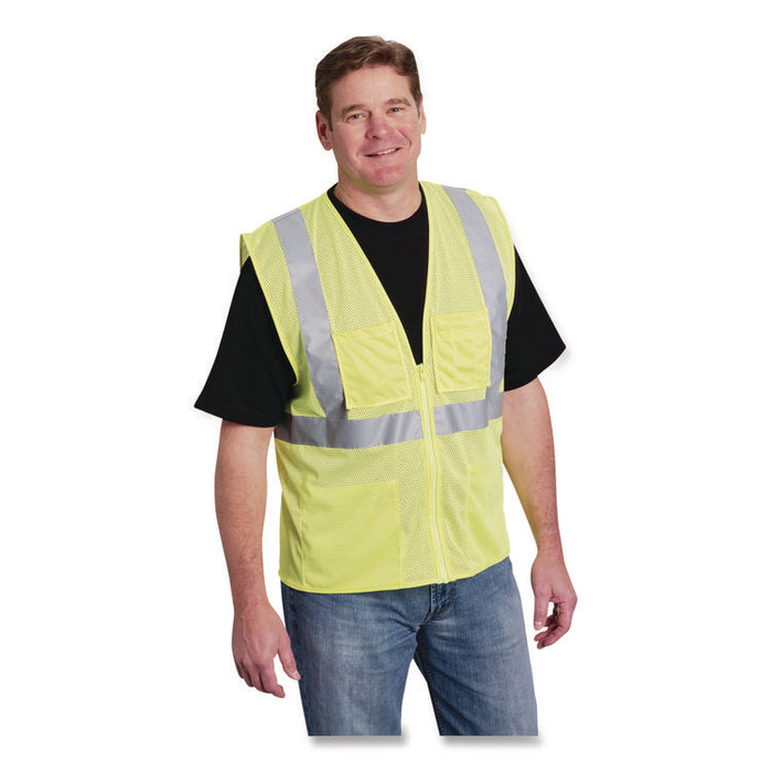 ANSI Class 2 Four Pocket Zipper Safety Vest, Polyester Mesh, 2X-Large, Hi-Viz Lime Yellow