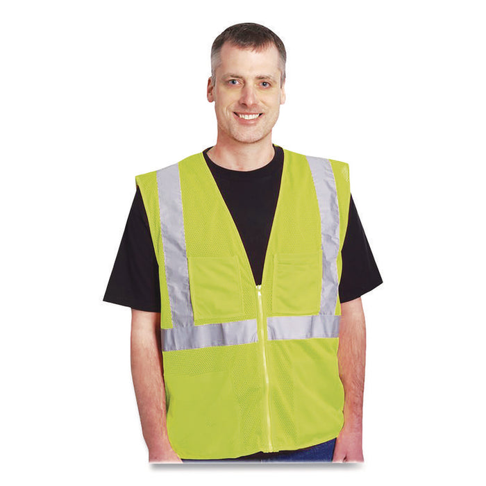 ANSI Class 2 Two-Pocket Zipper Mesh Safety Vest, Polyester Mesh, 2X-Large, Hi-Viz Lime Yellow