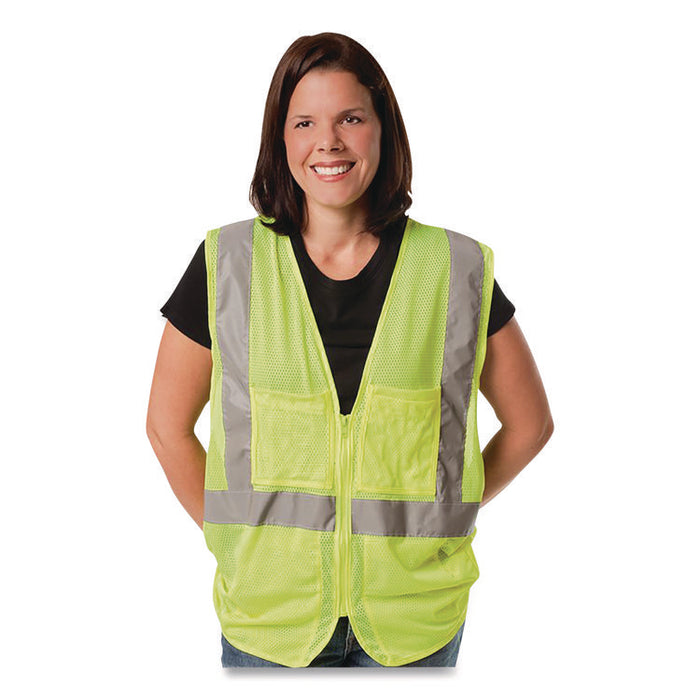 ANSI Class 2 Two-Pocket Zipper Mesh Safety Vest, Polyester Mesh, Large, Hi-Viz Lime Yellow