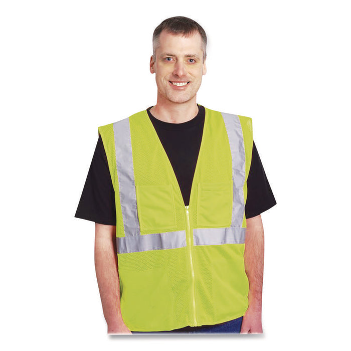 ANSI Class 2 Two-Pocket Zipper Mesh Safety Vest, Polyester Mesh, Large, Hi-Viz Lime Yellow