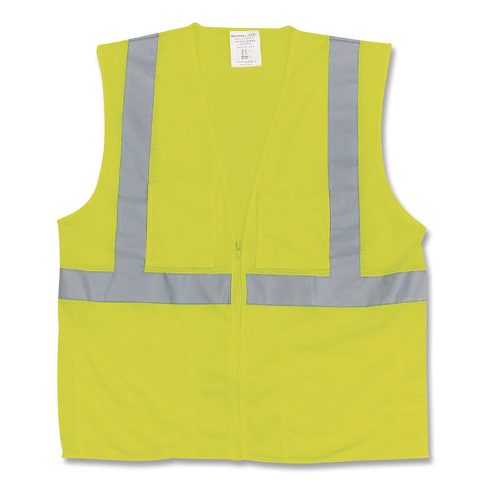 ANSI Class 2 Two-Pocket Zipper Mesh Safety Vest, Polyester Mesh, Large, Hi-Viz Lime Yellow