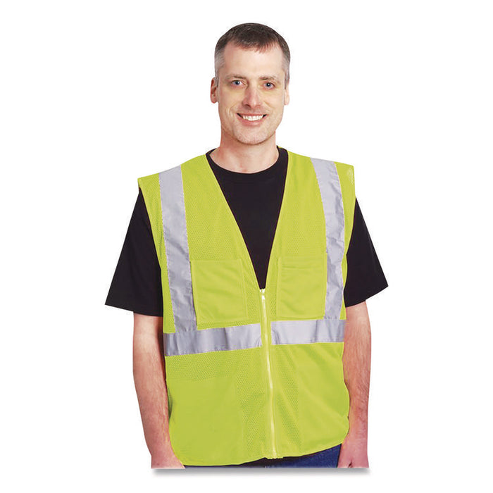ANSI Class 2 Two-Pocket Zipper Mesh Safety Vest, Polyester Mesh, X-Large, Hi-Viz Lime Yellow