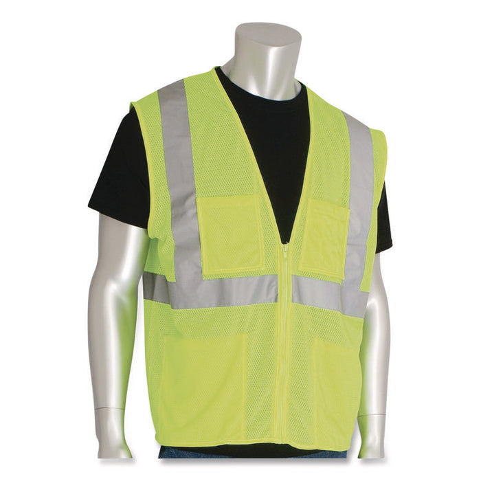 ANSI Class 2 Four Pocket Zipper Safety Vest, Polyester Mesh, 5X-Large, Hi-Viz Lime Yellow