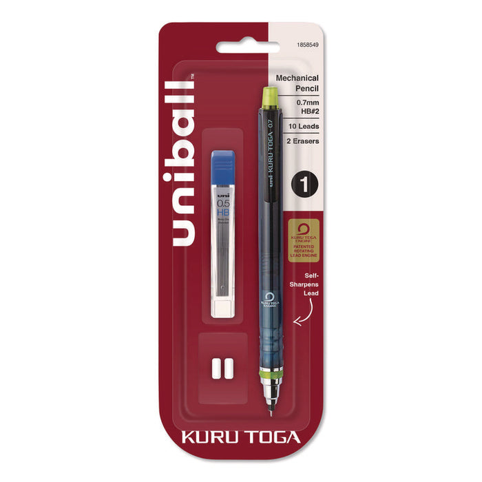 KuruToga Mechanical Pencil with Tube of Diamond Lead, 0.7 mm, HB (#2), Black Lead, Black/Green Barrel