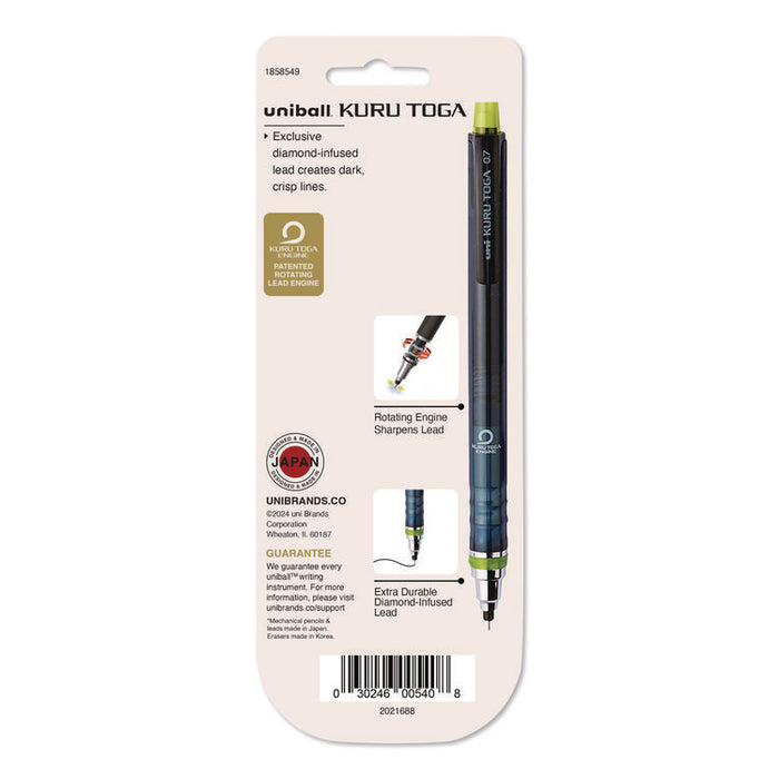 KuruToga Mechanical Pencil with Tube of Diamond Lead, 0.7 mm, HB (#2), Black Lead, Black/Green Barrel