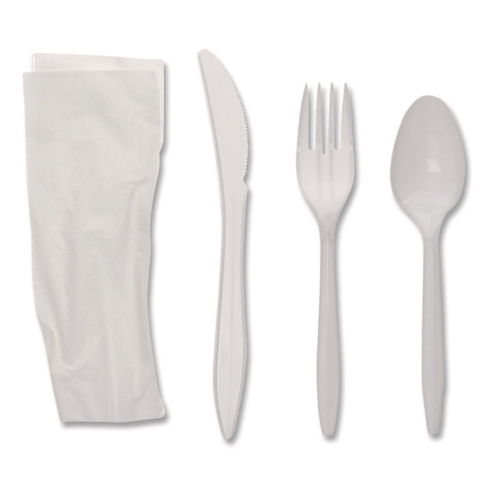 Fieldware Cutlery Kit, Individually Wrapped, Mediumweight, Fork/Knife/Napkin/Spoon, Plastic, White, 250/Carton