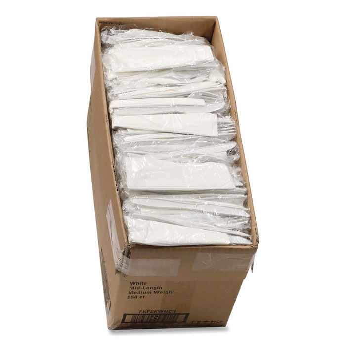 Fieldware Cutlery Kit, Individually Wrapped, Mediumweight, Fork/Knife/Napkin/Spoon, Plastic, White, 250/Carton
