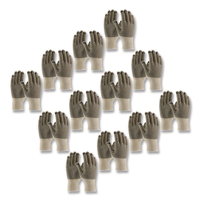 PVC-Dotted Cotton/Polyester Work Gloves, Reversible, Large, Beige/Black, 12 Pairs