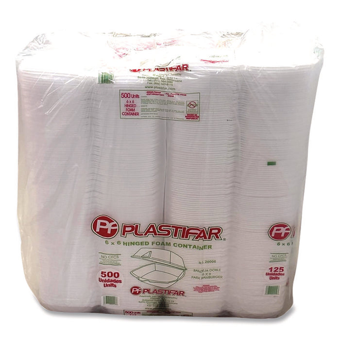 Foam Hinged Lid Containers, 6 x 6 x 3, White, Foam, 500/Carton