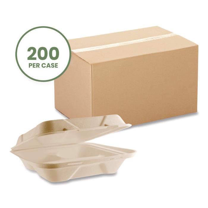 Nourish Molded Fiber Takeout Containers, Compostable, 3 Compartments, 9 x 9 x 3, White, Sugarcane, 200/Carton