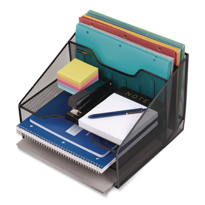 Metal Mesh Vertical File Holder Paper Tray Desktop Organizer, 2-Tier/5-Compartment, Letter Size, 11.25 x 12.5 x 9.5, Black