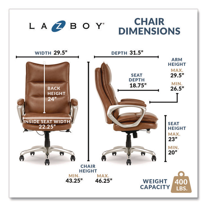 Jenkins Executive Big and Tall Chair, Supports Up to 400 lb, 20" to 23" Seat Height, Brown Seat/Back, Silver/Black Base