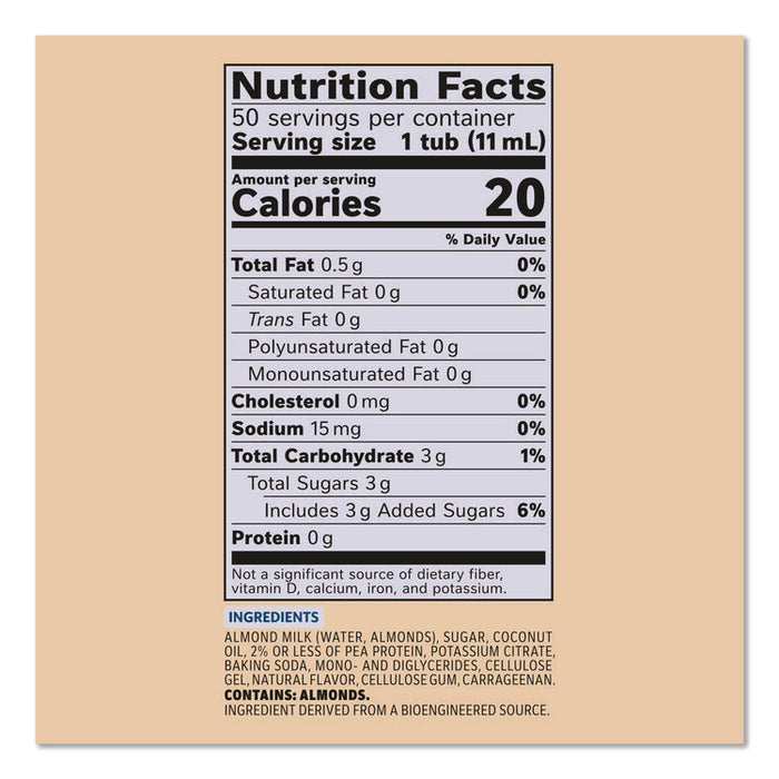 Plant-Based Almond Milk Non-Dairy Liquid Creamer Singles, Natural Vanilla, 0.38 oz Mini Cups, 200/Carton