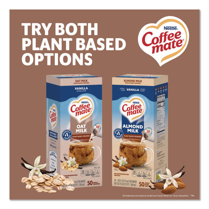 Plant-Based Oat Milk Liquid Creamers, Natural Vanilla, 0.38 oz Mini Cups, 50/Box, 4 Boxes/Carton