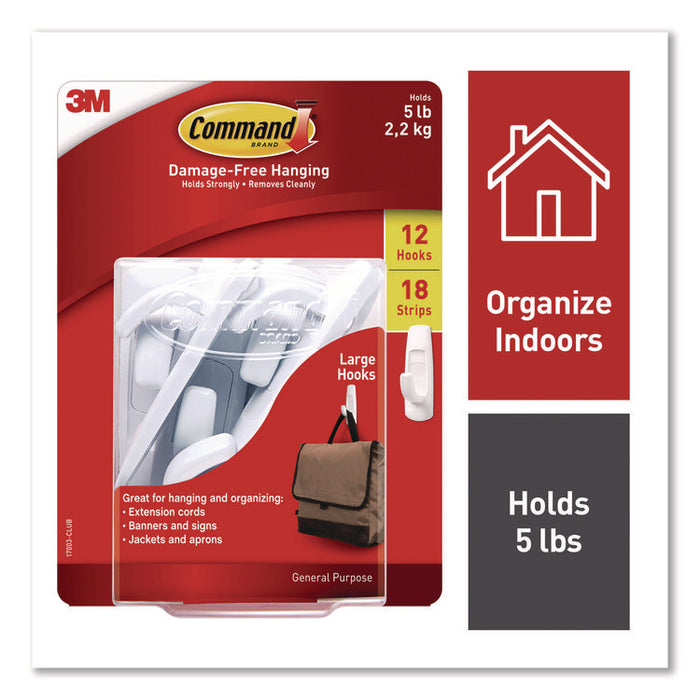 Large Utility Hooks, Plastic, White, Supports 5 lb, 12/Pack