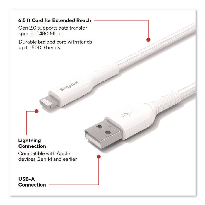 Lightning to USB-A Charging Cable, 6.6 ft, White, 2/Pack