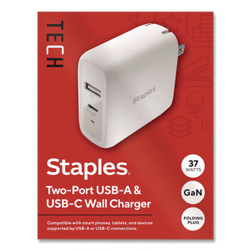 GaN USB-A/USB-C Wall Charger, 37 W, 2 Ports, White