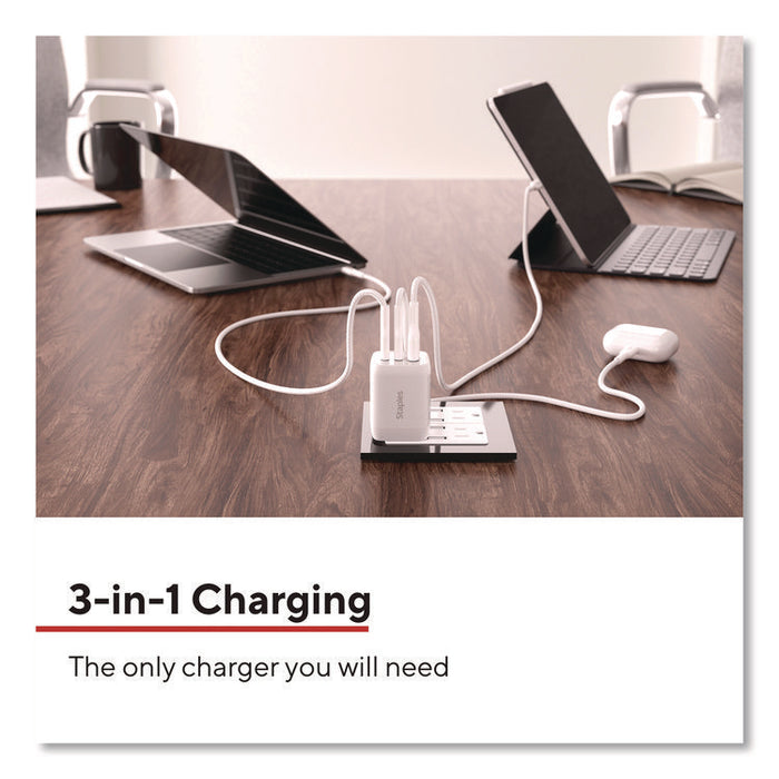 GaN USB-A/USB-C Wall Charger with Cable, 65 W, 3 Ports, White