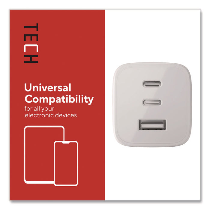 GaN USB-A/USB-C Wall Charger with Cable, 65 W, 3 Ports, White