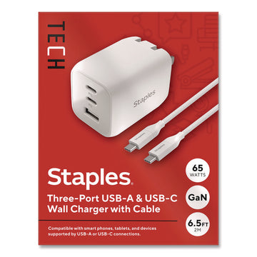 GaN USB-A/USB-C Wall Charger with Cable, 65 W, 3 Ports, White